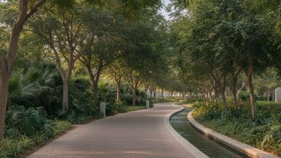 Shaded paved running path curving through the dense mature trees and ornamental shrubs of Khalifa Park in Abu Dhabi, with a small ornamental canal visible to the right and dappled morning sunlight filtering through the canopy