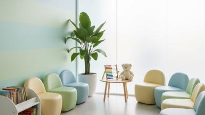Empty modern paediatric clinic waiting area in the UAE with pastel mint-and-blue walls, low rounded child-sized chairs, a bookshelf and a plush bear on a low table