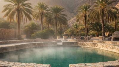 Stone-walled traditional bath-pool fed by a natural mineral spring at Ain Al Madhab, Fujairah: clear water steaming subtly with mineral haze, surrounded by mature date palms and traditional carved stone walls, with the rugged tan Hajar Mountains rising behind