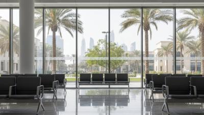 Modern Department of Economic Development waiting hall in Dubai with marble floor, rows of leather chairs, and a queue display screen