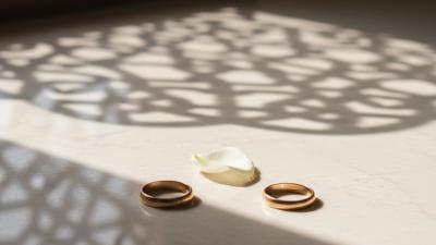 Quiet editorial still-life on cream marble of two simple matte-gold wedding bands set apart with the geometric shadow of an Arabic mashrabiya wooden lattice cast across the surface and a single white-cream rose petal between them