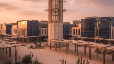 Masdar City in Abu Dhabi at golden hour with the iconic windcatcher tower, integrated solar panels, and pedestrian plaza with shaded walkways and desert plants