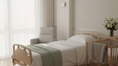Quiet modern UAE hospital maternity room in soft morning light with a single bed, wooden bassinet, fresh flowers on a side table, and a recliner chair