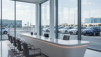 Modern Dubai car-dealership service counter with floor-to-ceiling windows showing parked cars