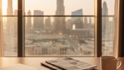 Wide editorial view at golden hour from inside a Dubai apartment with a polished walnut desk holding a slim laptop, leather notebook, brass fountain pen, white ceramic mug and a small bowl of dates, with the Burj Khalifa silhouette visible through floor-to-ceiling windows