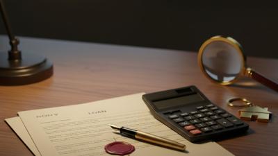 Editorial conceptual still-life on polished walnut of a stack of formal loan-document papers with a deep-red wax seal, a sleek matte-black calculator, a fountain pen with a brushed-brass nib, a small brass house-shaped keyring and a brass magnifying glass