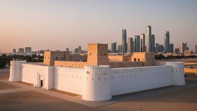 Qasr Al Hosn in Abu Dhabi at golden hour: the historic restored fort with bright white outer palace walls, the older sand-coloured inner fort behind, and the original square watchtower at the centre, set against the modern glass-tower skyline of Abu Dhabi in the distance