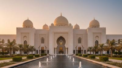 Qasr Al Watan presidential palace in Abu Dhabi at golden hour: vast white-granite palace with ornate Arab-Islamic geometric facade, central dome, and symmetrical wings reflected in a long fountain pool, framed by manicured palm trees