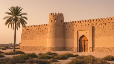Restored 18th-century mud-brick Al Qawasim Fort housing the National Museum of Ras Al Khaimah at golden hour: tan and beige weathered traditional walls with crenellated battlements, a single round watchtower, a carved wooden door, and low desert scrub framing the foreground