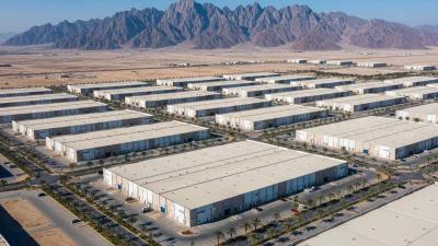 Aerial view of an industrial business park in Ras Al Khaimah with low-rise warehouses and the Hajar Mountains in the background