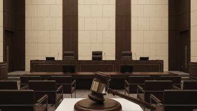 Modern courtroom-style hearing chamber in Dubai with polished wooden bench and Arab-Islamic geometric wall panelling