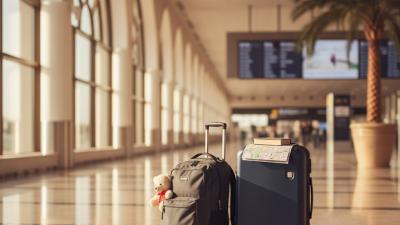 Editorial overhead flat-lay on oak floorboards of an open child's carry-on suitcase with folded clothes and a stuffed rabbit, a generic dark-blue passport, school exercise books, a child's crayon drawing, and a worn world map with a magnifying glass