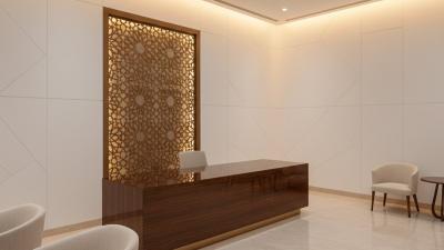 Modern Sharia-compliant financial services interior with mashrabiya wooden screen and Arab-Islamic geometric panelling