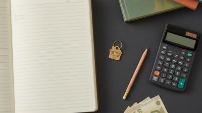 Editorial flat-lay on charcoal of a school exercise book, textbooks, calculator, pencil, brass key, and fanned generic dirham-style banknotes