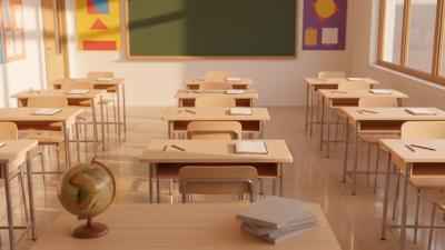 Empty modern international-school classroom in late afternoon with rows of light-wood desks, a green chalkboard, and warm sunlight slanting through tall windows