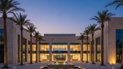 Sharjah Media City office complex at evening with cream and beige facade with subtle Arab-Islamic geometric patterning, warm interior light, and a palm-lined plaza with a modern fountain