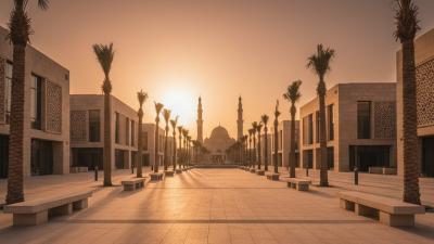 Modern Sharjah cultural and business district at golden hour with low-rise office and library buildings featuring Arab-Islamic stone facade detailing, a pedestrian plaza, and a minaret silhouette in the background