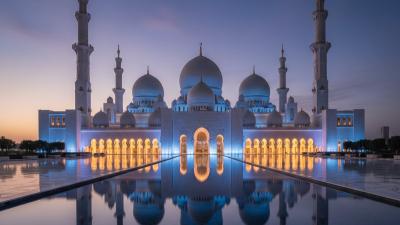 Sheikh Zayed Grand Mosque at blue hour: vast white marble mosque with multiple onion-shaped domes and four tall minarets reflected in a long pool, with subtle warm uplighting against a deep twilight sky