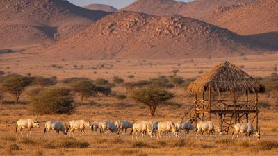 Wide landscape of Sir Bani Yas Island wildlife reserve at golden hour: a herd of Arabian oryx with curved horns graze on dry savannah-like scrubland, gentle rocky hills in the background, with a small thatched-roof viewing shelter to one side