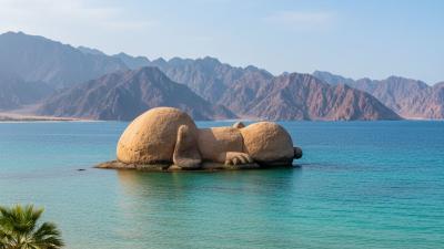 Snoopy Island offshore from Al Aqah Beach in Fujairah: a small distinctive rocky island whose silhouette resembles a sleeping cartoon dog, surrounded by calm turquoise Gulf-of-Oman water, with a strip of soft sandy beach and low palms in the foreground and the rugged Hajar Mountains rising in the background