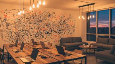 Modern startup coworking space interior at evening with shared work tables, laptops, and warm Edison-bulb pendant lighting