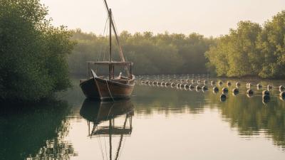 Traditional wooden Arabian dhow moored on a calm sheltered creek inlet in Ras Al Khaimah, with green mangroves lining the banks and a network of dark floating buoys and ropes marking the cultured pearl beds in the middle distance, soft early-morning warm light reflecting on mirror-flat water