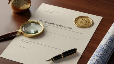 Editorial flat-lay on dark wood with a stylised trademark-application document with a wax-seal-style emblem, magnifying glass, fountain pen, and dallah coffee pot