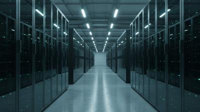 Conceptual data-centre server corridor with parallel rows of dark cabinets and subtle blue and green LED lights, vanishing-point composition