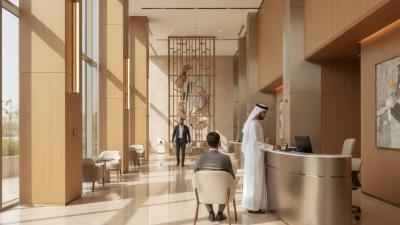 Modern UAE bank-branch lobby — a bank officer in traditional Emirati kandura and ghutra at a brushed-metal teller desk, a seated customer viewed from behind, warm wood and stone interior with daylight from floor-to-ceiling windows.