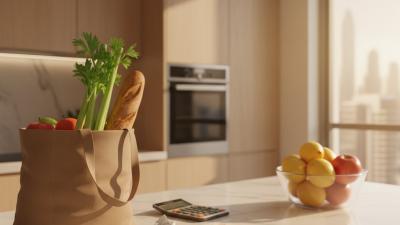 Modern UAE apartment kitchen with a reusable shopping bag full of fresh groceries on the marble counter, a glass fruit bowl, a small calculator, and a soft-blurred view of Dubai apartment towers through the window in golden afternoon light.