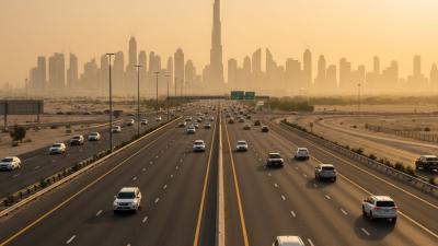 UAE driving — Sheikh Zayed Road style highway in Dubai at golden hour with the Dubai skyline and Burj Khalifa softly visible in the warm haze.
