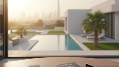 Editorial flat lay of a passport, photo print and pen on a wooden desk overlooking a Dubai villa pool with the Burj Khalifa in golden-hour haze.