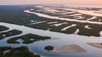 Aerial sunrise over Khor Al Beidah in Umm Al Quwain: a sprawling network of dark green mangrove islands separated by silver-blue tidal channels, with pink and orange dawn light reflecting off the water