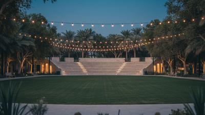 Umm Al Emarat Park amphitheatre at dusk in Abu Dhabi: a stepped outdoor amphitheatre lit by warm uplighting next to an open lawn with strung festoon bulbs and mature ghaf trees framing the sides
