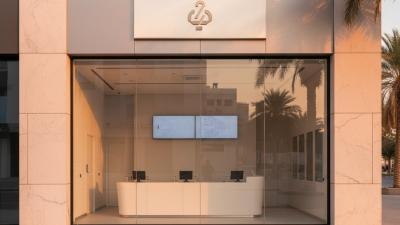 Modern exchange-house storefront on a Dubai street at golden hour