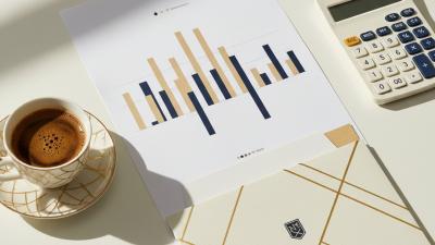 Editorial flat-lay of a stylised VAT-themed paper printout with bar-chart graphics, calculator, fountain pen, tax-document folder, and Arabic coffee cup