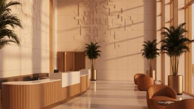 Wide view of a modern UAE government service-centre lobby at golden hour with polished pale-stone floor, light-wood and brushed-brass reception counter, Arab-Islamic geometric stone wall panelling, tall arched windows and leather armchairs