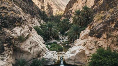 Dramatic landscape of Wadi Wurayah in the Hajar Mountains, Fujairah: a deep V-shaped rocky limestone valley with steep beige and dark-brown cliffs, a small clear freshwater pool and tiny waterfall at the valley floor surrounded by green vegetation
