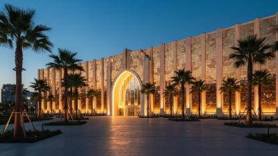 Evening exterior view of Warner Bros World Abu Dhabi: a long curving reflective Art Deco facade lit by warm uplighting with a softly glowing central entrance arch, manicured palm trees framing the foreground