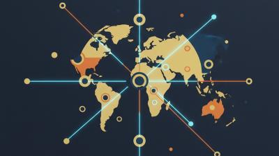 Conceptual flat-lay of stylised global remittance corridors as a network of glowing dots and lines on a dark navy background