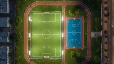 Aerial view of the floodlit football pitch, basketball court and jogging track at Al Hamidiya Park, Ajman