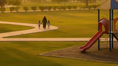 Playground and lawns at Al Jurf Family Park in Ajman at golden hour