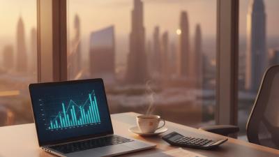 Accountant's desk with laptop, financial statements and calculator against a Dubai skyline at golden hour