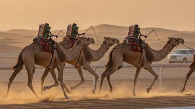 Racing camels carrying robot jockeys on the sand track at Al Marmoom Camel Racetrack, Dubai