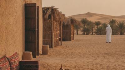Majlis seating, coffee pot and palm-frond shelters at Al Marmoom Heritage Village, Dubai