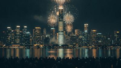 Crowd silhouettes on a waterfront watching fireworks above a distant illuminated city skyline
