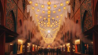 Festival food street at dusk with strings of lanterns converging on a distant illuminated Ferris wheel