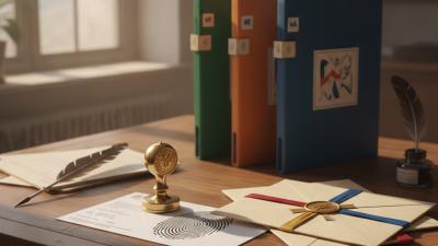 Fingerprint card, brass stamp and sealed certificate envelopes with document folders on an office desk