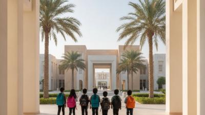 Children with backpacks walking into a modern UAE school courtyard lined with date palms