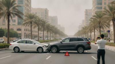 Minor two-car collision on a Dubai street with a warning triangle and a driver photographing damage